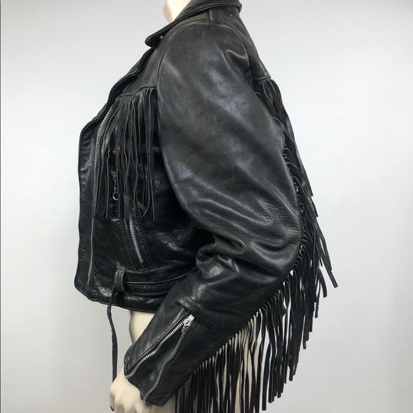Vintage Black Leather Fringe Biker Jacket Size M - Picture 2 of 3